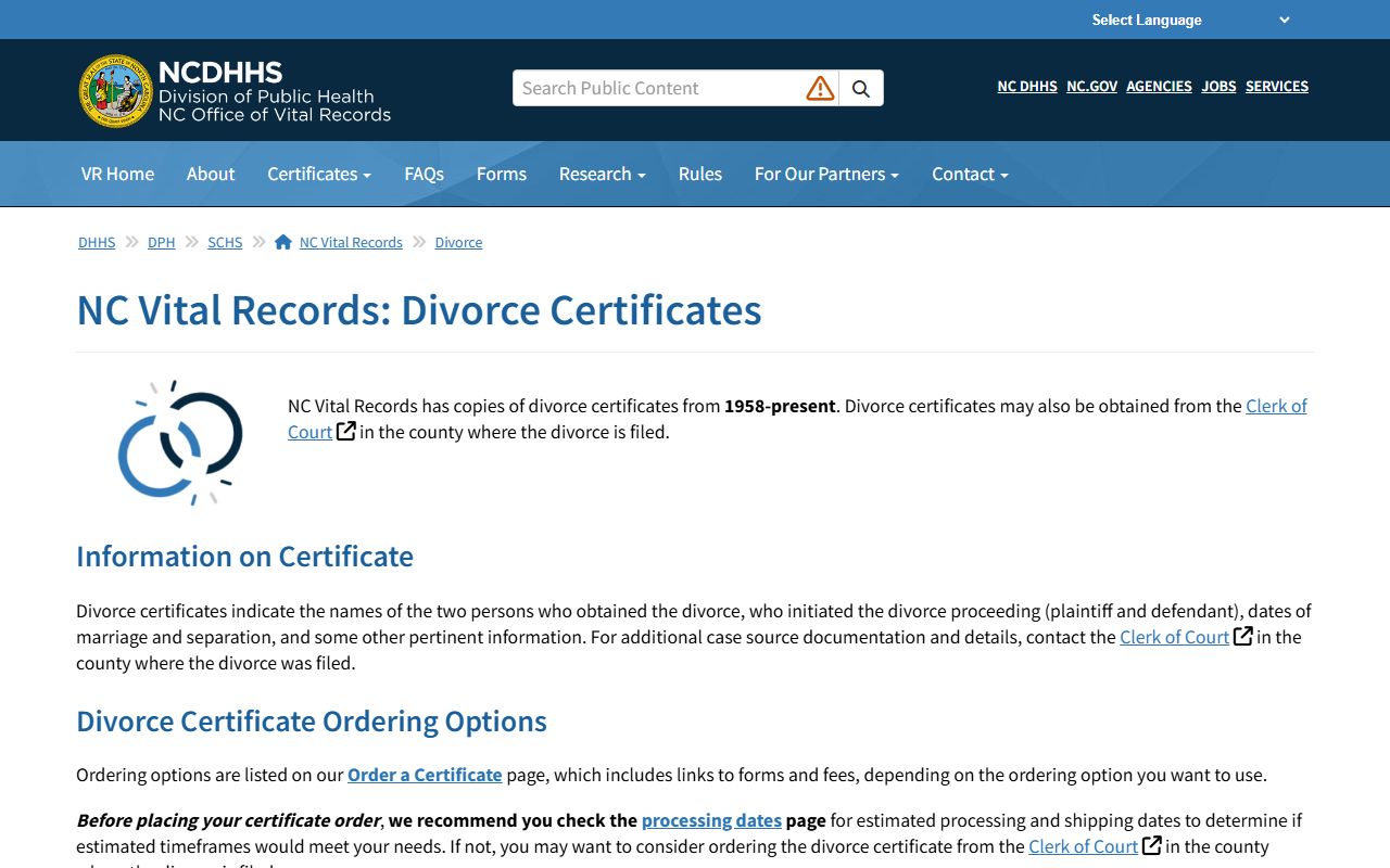 Haywood County divorce records NC Vital Records certificate request